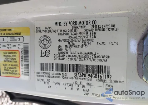 2016 Ford Fusion Se z USA, uszkodzony, nr VIN 3FA6P0T94GR161192